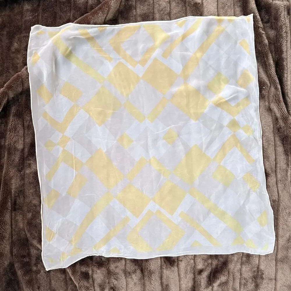 Vintage 70s Sheer Chiffon Scarf - 26” Square - Yellow & White Geometric Grid‎